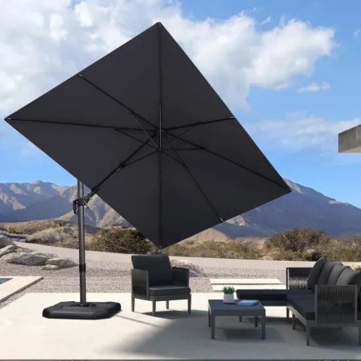 Test PURPLE LEAF Parasol Déporté 2,5 × 3,5 m : le gros parasol qui couvre vraiment une table familiale