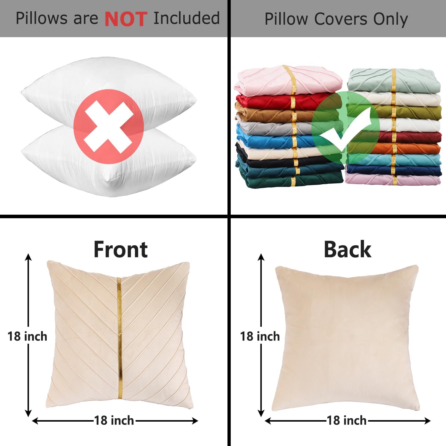 Lot de 2 Housse de Coussin 45x45cm Taie d'oreiller en Velours Plissé Décoration de Lingots d'or pour Maison Salon Chambre Crème Crème 46 x 46 cm (Lot de 2)