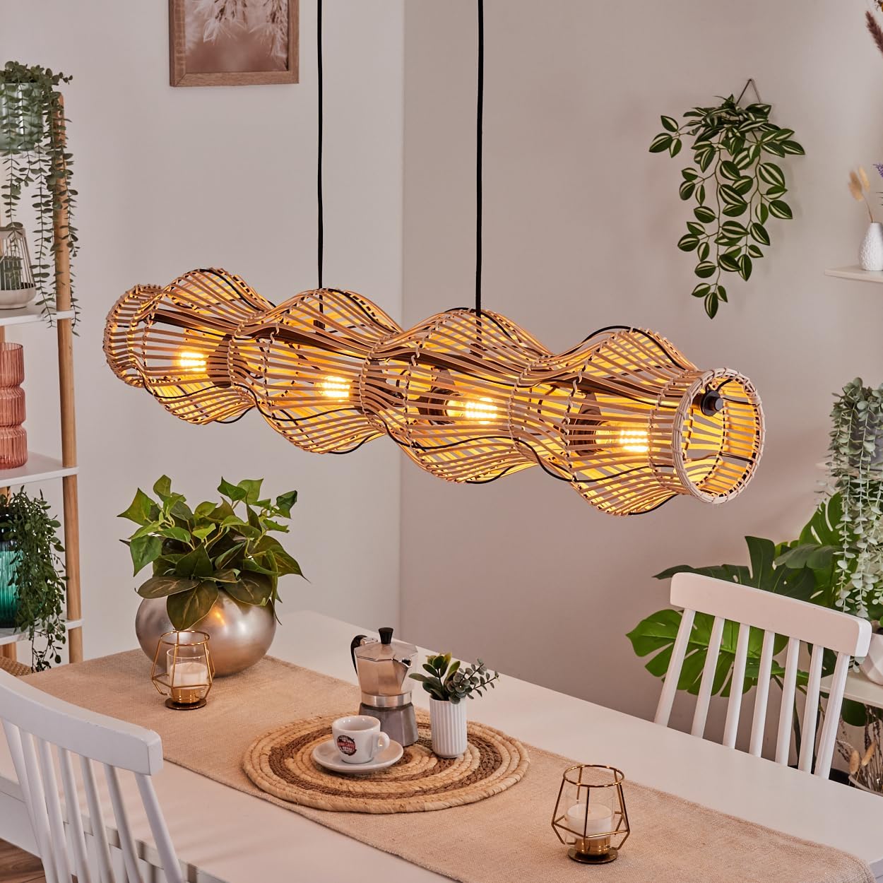 Suspension Cardeira de, suspension à 4 ampoules en métal/bambou noir/naturel, suspension au design scandinave, style bohème, max - 170 cm, E27, salle à manger, salon, cuisine