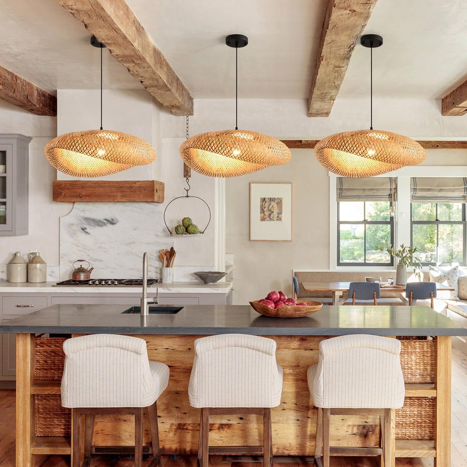 Suspension Luminaire en Rotin, Plafonnier Style Rétro 40 cm, Lampe Tissée pour Salle à Manger, Salon, Restaurant(sans ampoule) 40cm