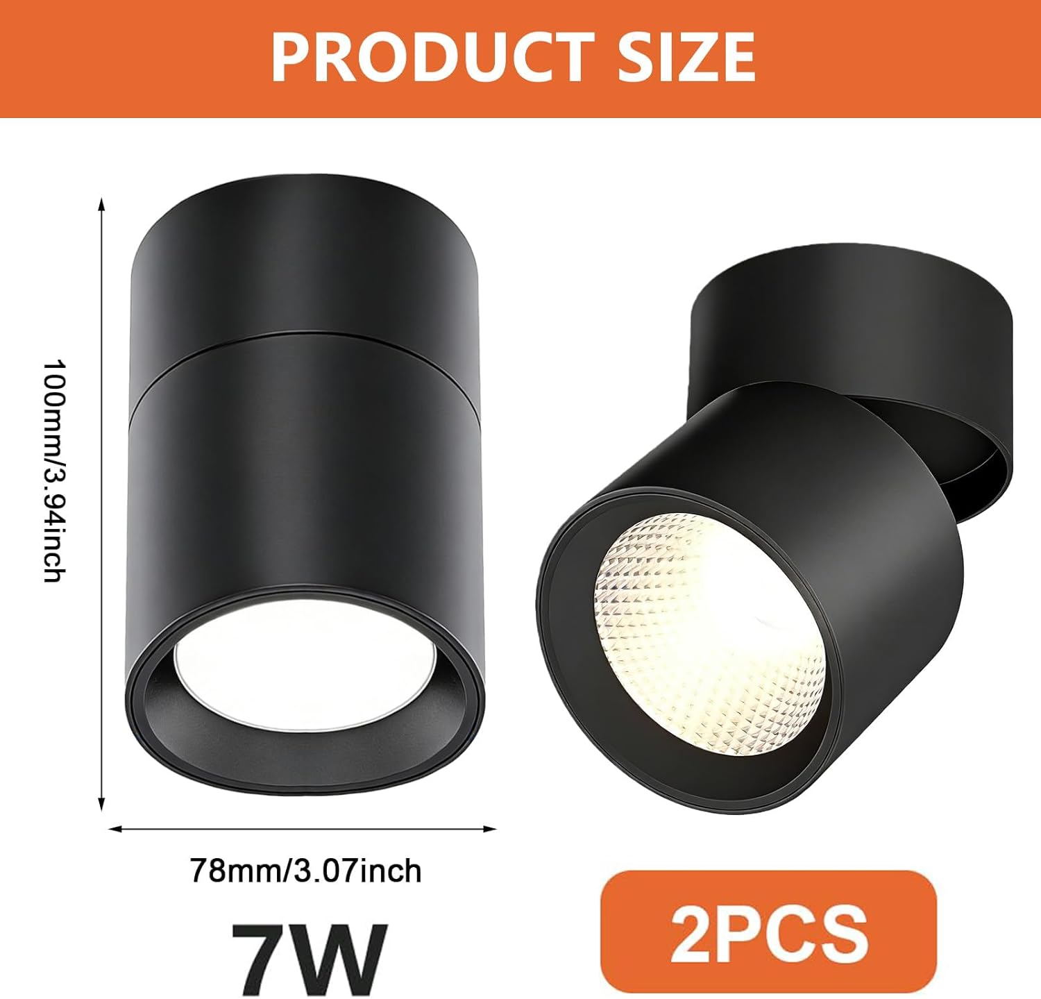 Plafonnier Spot LED 2 Pièces, Spot Orientable Plafond 7W, Plafonnier Orientable Repliable, Lumière Trois Couleurs, Ø78×100 mm, Noir