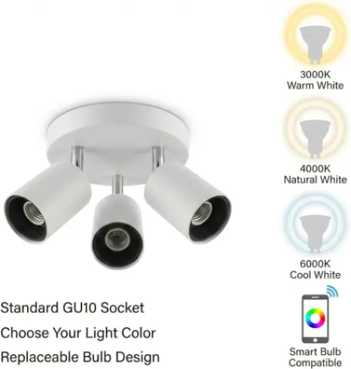 Yiahin Plafonnier 3 Spots Rond Blanc, Spot LED Orientable Design Scandinave, Luminaire Plafond Circulaire en Métal pour Chambre Cuisine Salon, Douille GU10 (Ampoule Non Incluse) Blanc - Rond