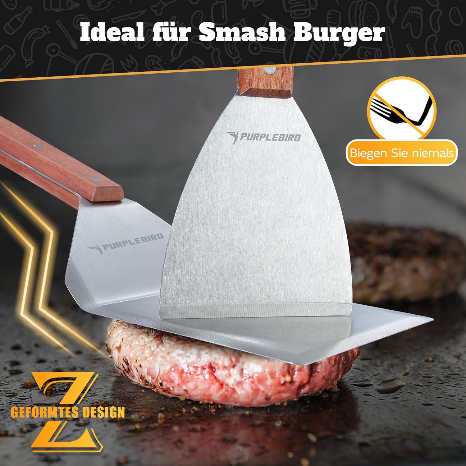 Set de spatules BBQ Acier Inoxydable, Grande spatule Smash Burger, Cadeau Hommes Set de spatules pour gril