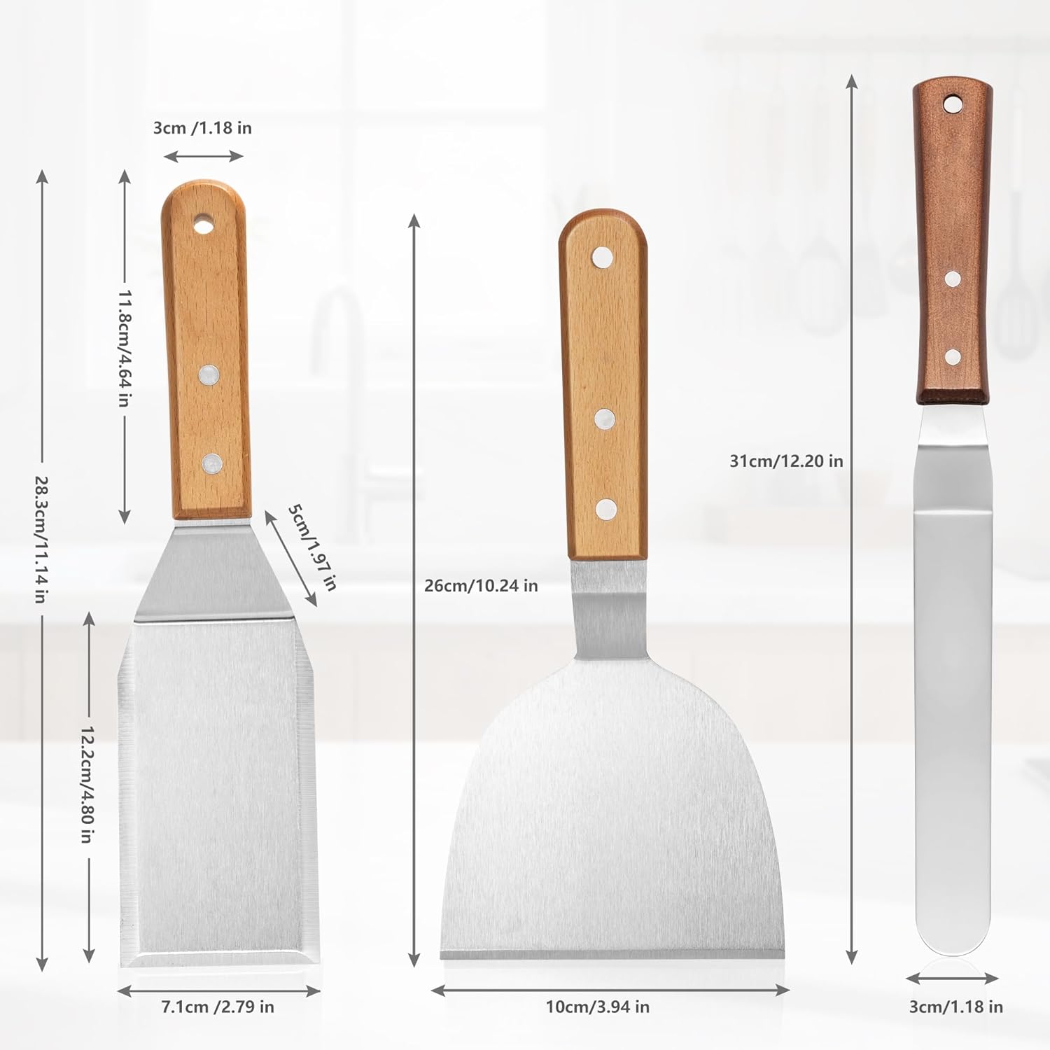 Set de 3 Spatules Professionnelles pour Plancha Poignée en Bois - Spatule à Steak en Acier Inoxydable 26cm avec Grattoir et Spatule Courbe, Argent