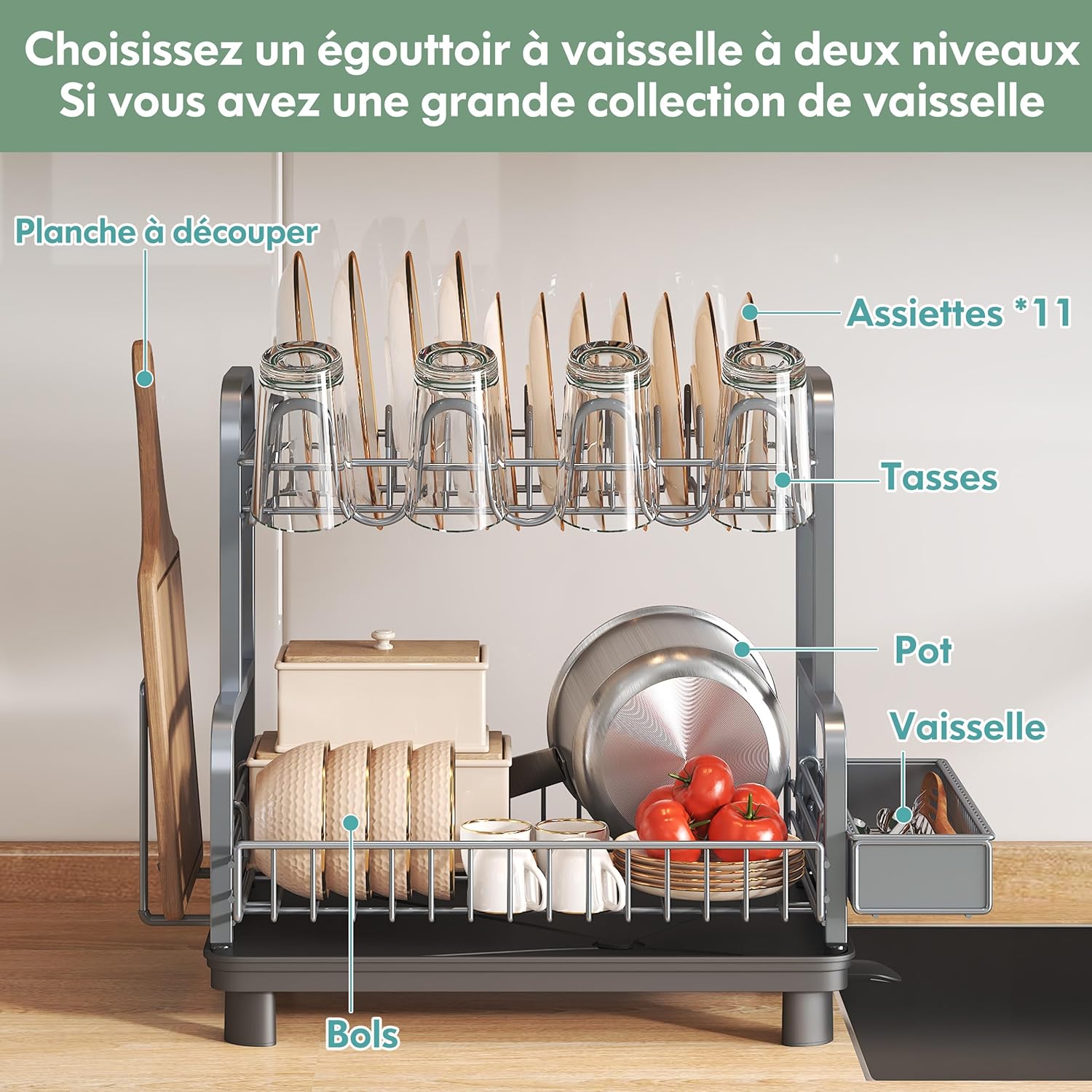 Egoutoire Vaisselle Cuisine 2 Niveaux, INOX Égouttoir Vaisselle sur Evier avec Porte-Gobelets et Porte-Ustensiles, Grande Séchoir à Vaisselle Rangement Vaisselle, Argenté