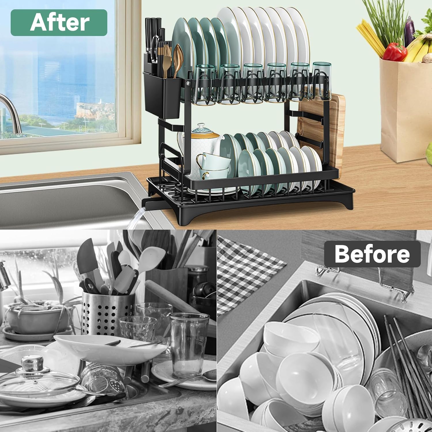 Egoutoire Vaisselle Cuisine Noir à 2 Niveaux en INOX,Porte-ustensiles et bac d'égouttement,Séchoir à Vaisselle avec Porte-ustensiles, Noir