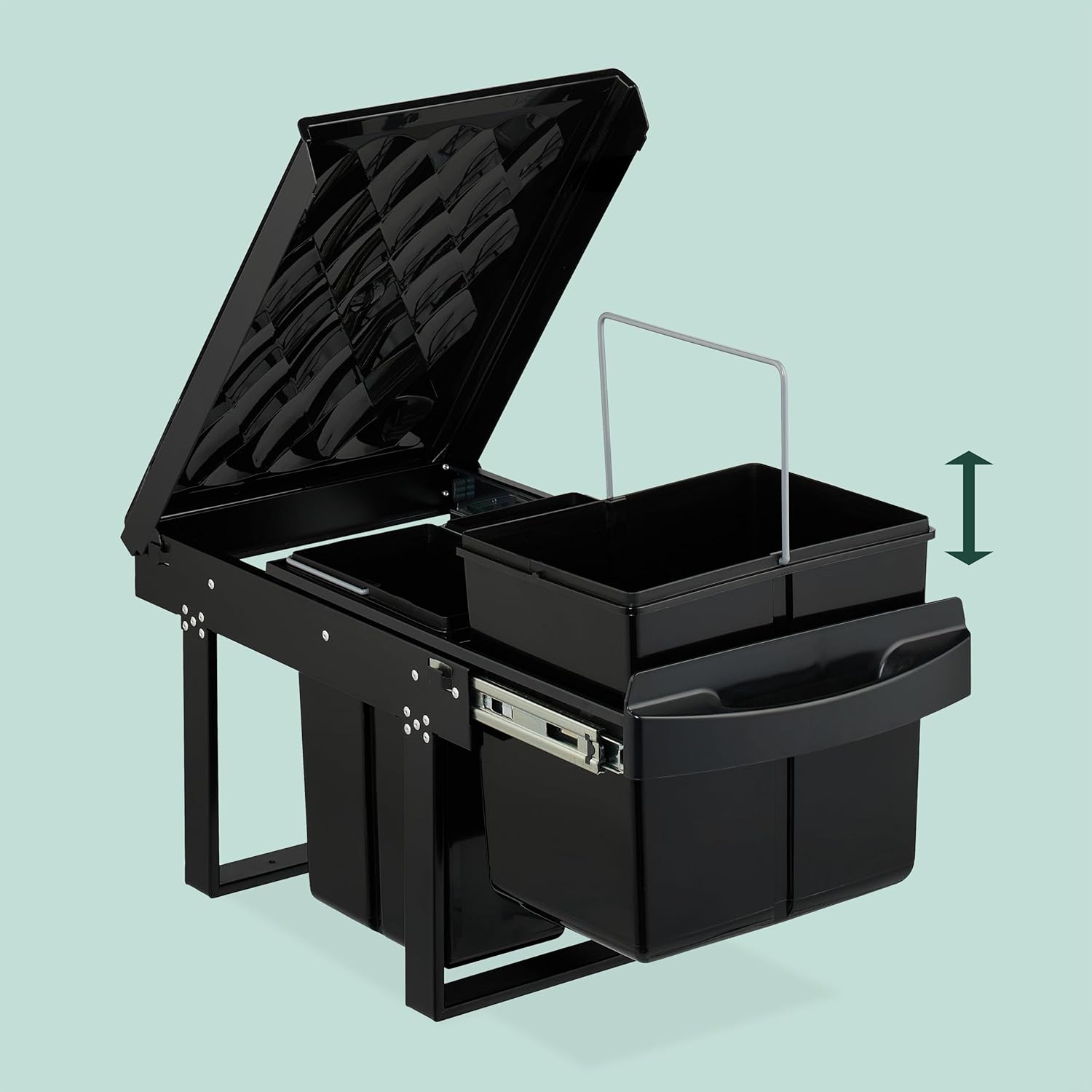 Poubelle encastrable pour la Cuisine, 3 bacs, 20 litres et 10 litres, HLP : 41,3 x 34 x 51,8 cm, Noire