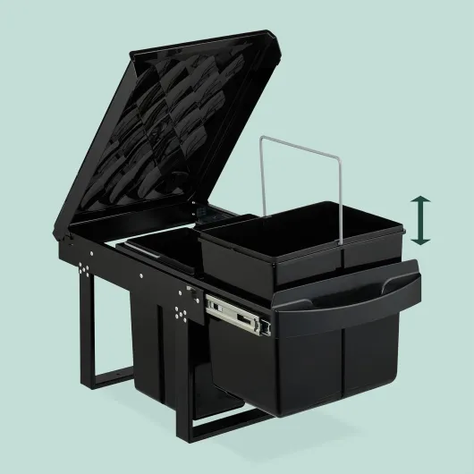 Poubelle encastrable pour la Cuisine, 3 bacs, 20 litres et 10 litres, HLP : 41,3 x 34 x 51,8 cm, Noire