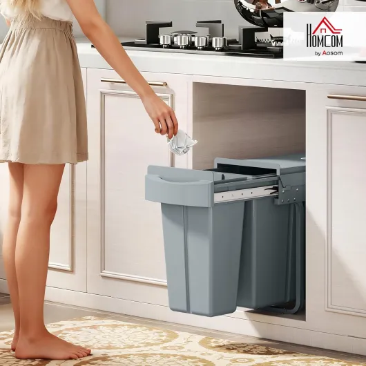 Poubelle cuisine coulissante encastrable 30L avec 2 compartiments amovibles, poubelle sous évier avec couvercle givré, coulissement fluide et poignée, pour déchets et recyclage, gris