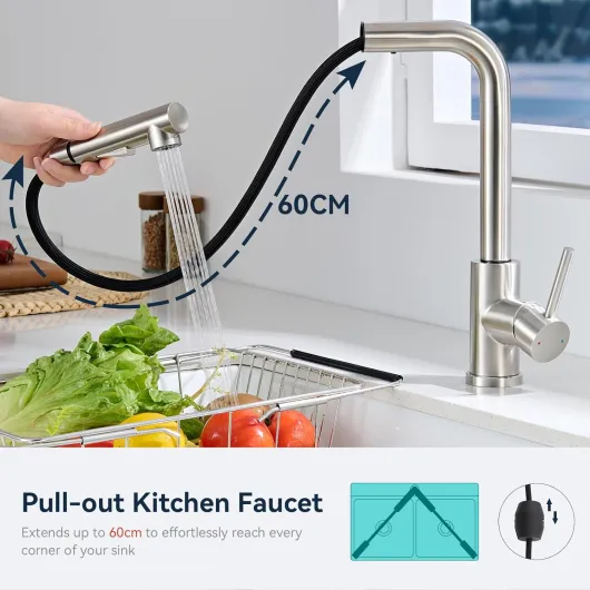 Robinet Cuisine avec Douchette Extractible, Mitigeur Cuisine Acier Inoxydable 304, Robinetterie Evier Rotatif à 360° en 2 Modes de Réglage, Finition Brossée, Froid & Chaud Disponible Nickel Brossé