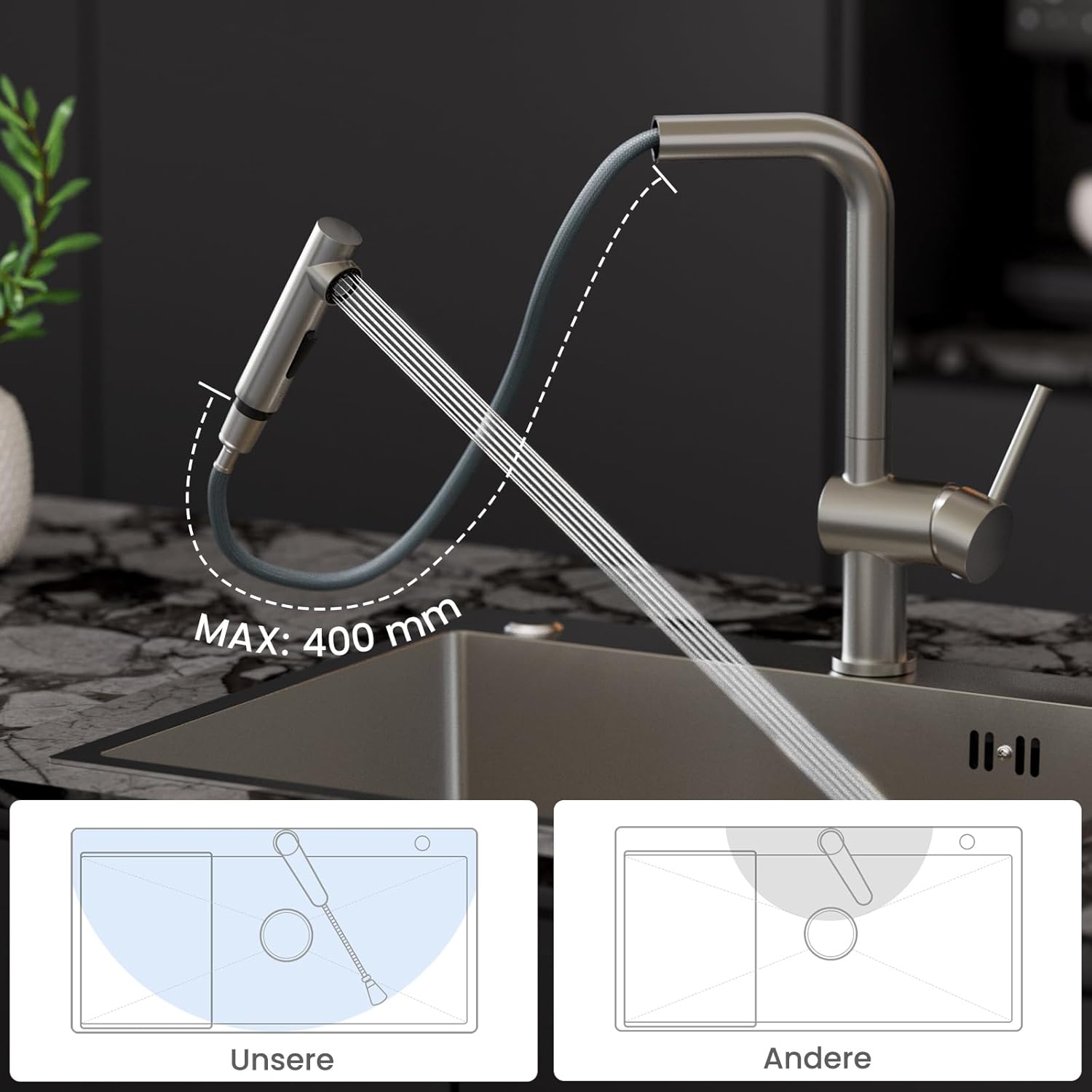 Robinet de cuisine extensible avec 2 types de jet, robinet mitigeur rotatif à 360°, robinet monocommande en acier inoxydable brossé Brossée Acier Inoxydable
