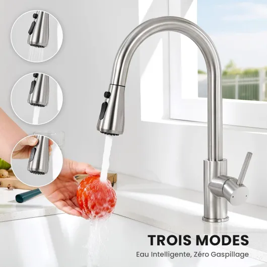 Robinet Cuisine, Mitigeur Cuisine avec Douchette avec 3 Modes de Pulvérisation, Rotatif à 360° Robinet de Cuisine, Installation Facile, Brossée