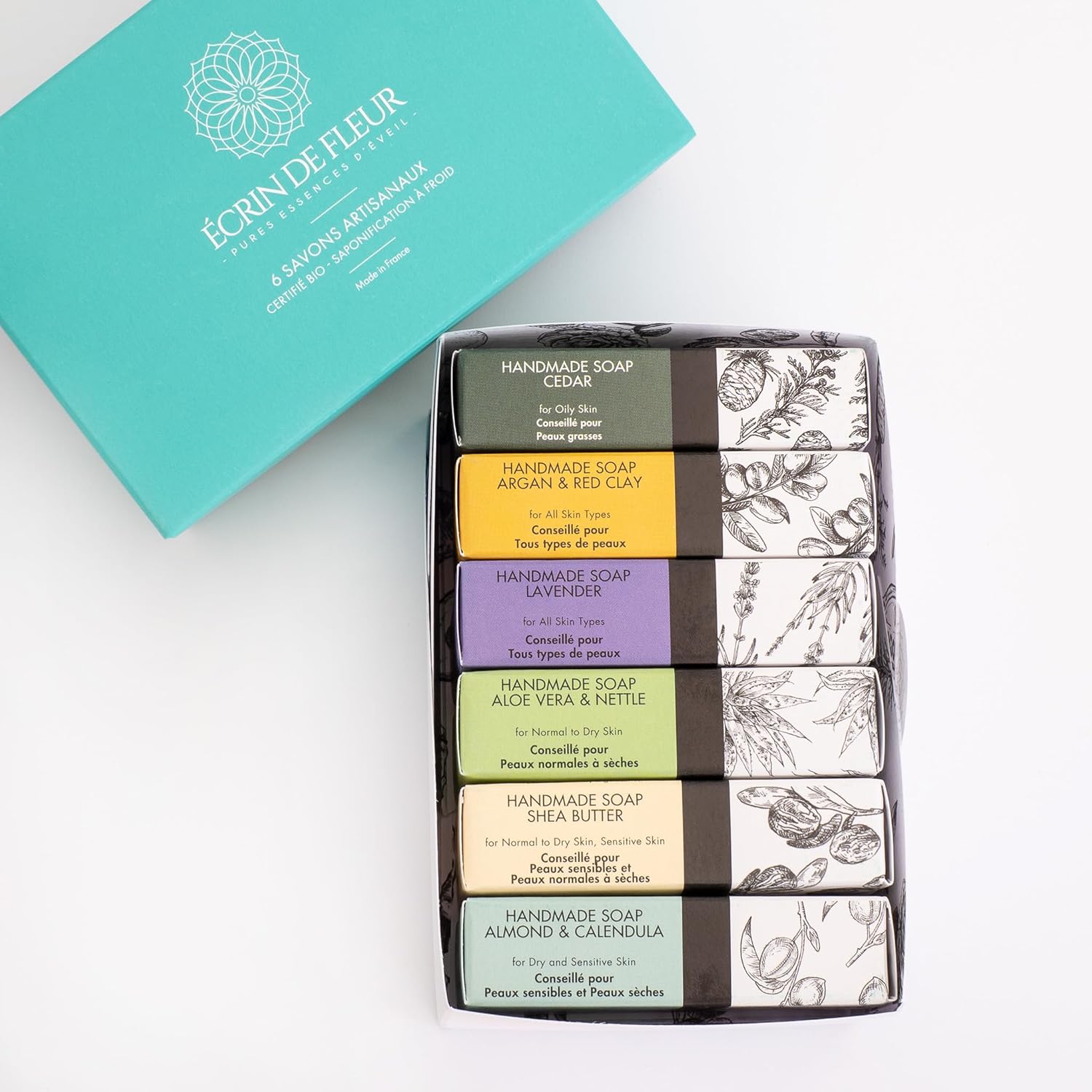 Coffret Savons Artisanaux Bio, 6 Savons, Certifiés COSMOS & Nature et Progrès, Faits Main en France, Argan, Aloe Vera, Karité, Lavande, Cèdre