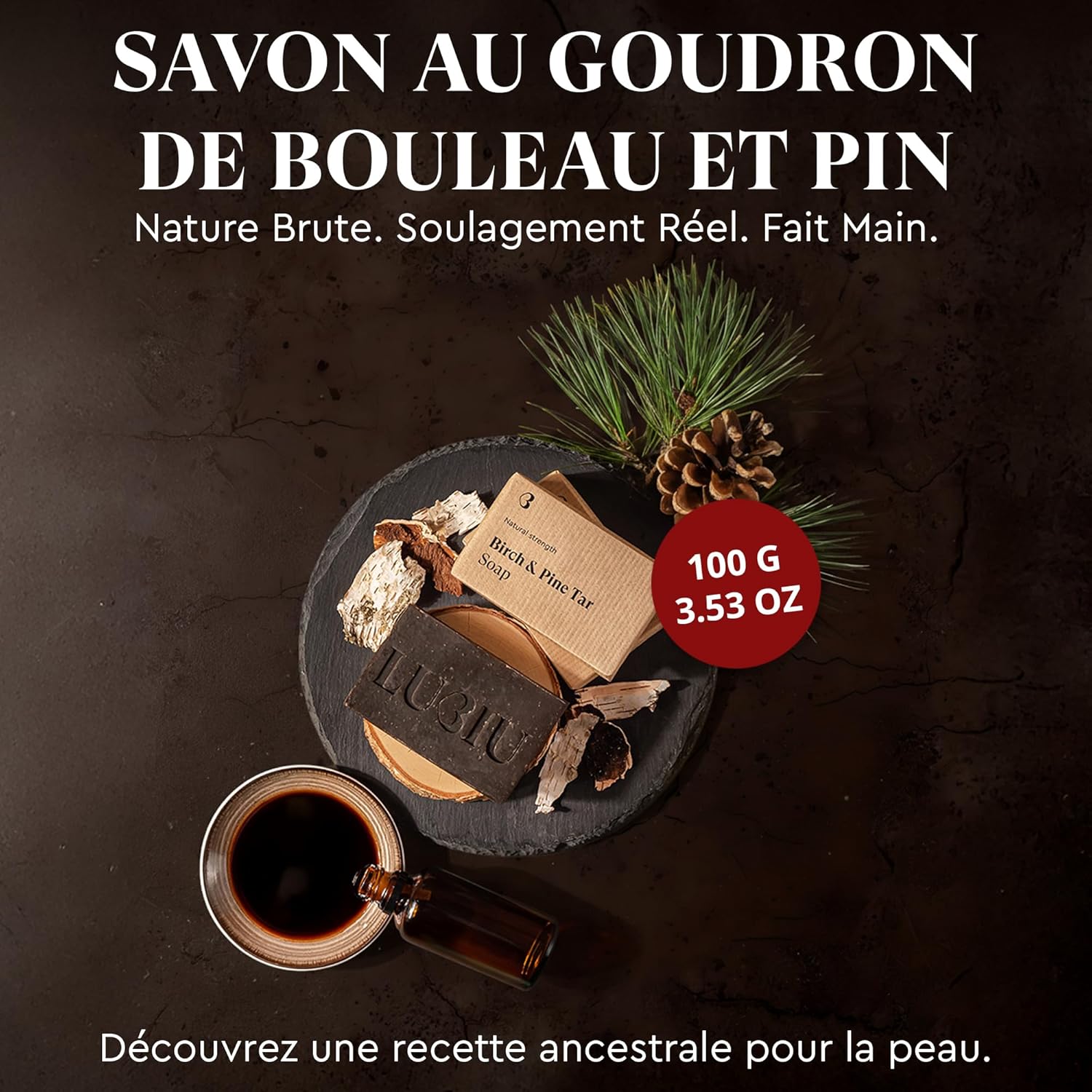 Savon de Goudron Bouleau et Pin 100g - Artisanal Savon Solide Corps et Cheveux - Assainissant & Apaisant - Naturel Gel Douche Solide pour Homme - Cadeaux Homme Savonnette Goudron et pin 100 g (Lot de 1)