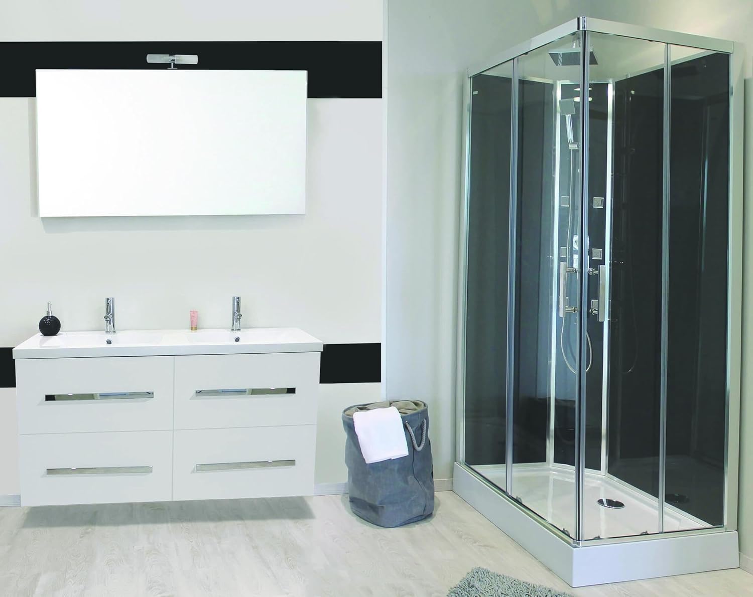 Cabine hydromassante SELIA - Montage sans silicone - Accès d'angle à portes coulissantes verre trempé - 6 buses hydromassantes carrées - Barre de douche col de cygne - 110x80x228cm