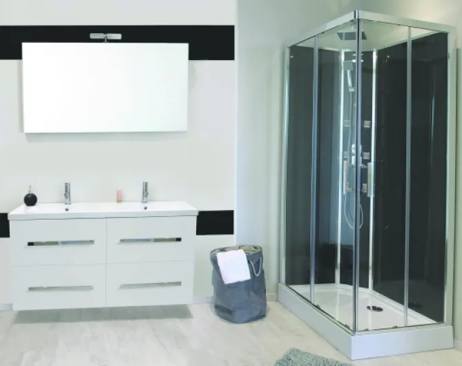 Cabine hydromassante SELIA - Montage sans silicone - Accès d'angle à portes coulissantes verre trempé - 6 buses hydromassantes carrées - Barre de douche col de cygne - 110x80x228cm