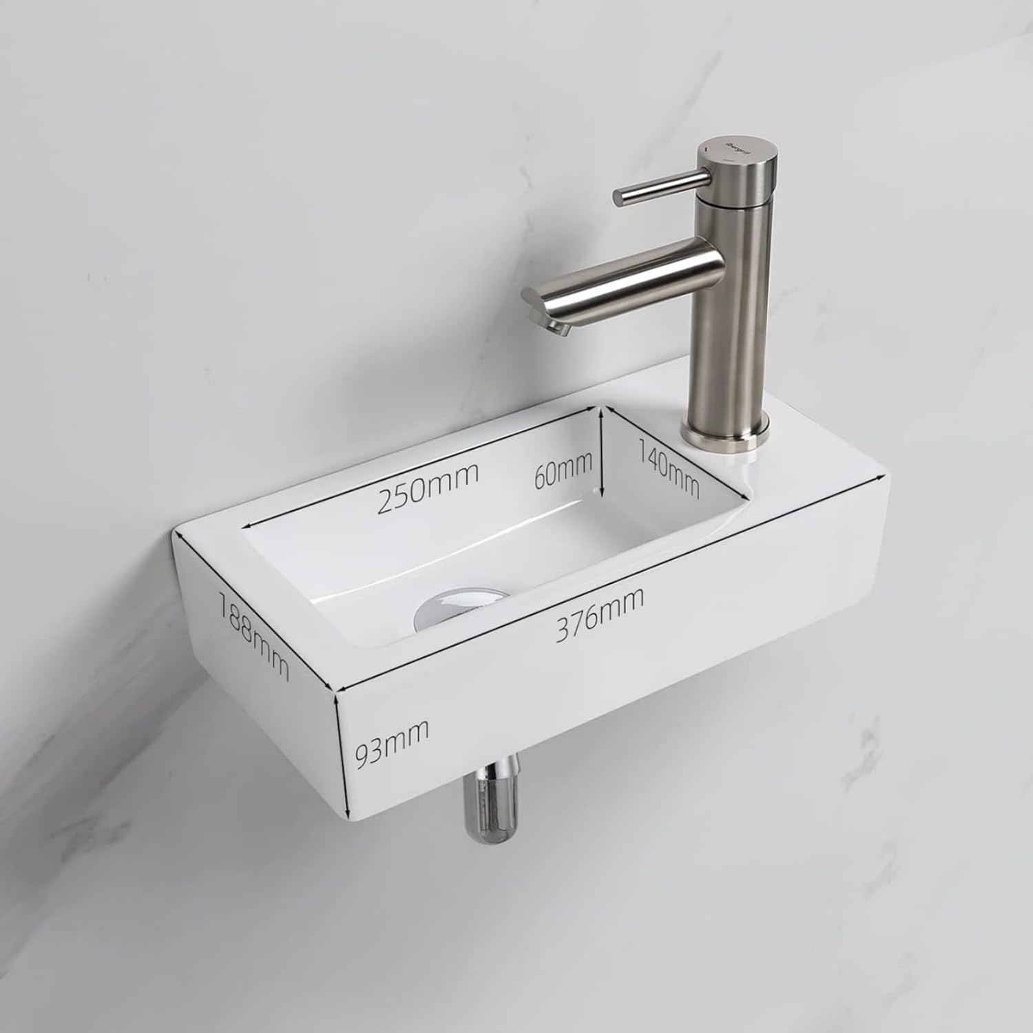 M41102-R, Lavabo Lave Main Blanc Rectangulaire en Céramique Suspendu pour Salle de Bains et WC Main droite