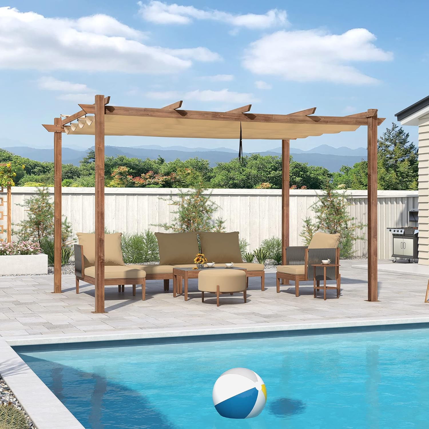 Pergola Aluminium 4 x 3 m Pergola Jardin Extérieur Finition Teck, Toile Coulissante Rétractable, Tonnelle Imperméable, Barbecue Extérieur, Pavillon de Jardin, Kaki Kaki 4 x 3 m Cadre Teck