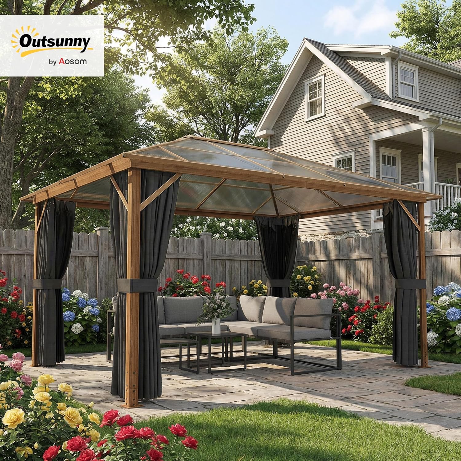 Tonnelle de Jardin 3x4m Aspect Bois avec Toit Rigide en Polycarbonate UV50+ - Pavillon Extérieur Aluminium Imperméable avec Moustiquaire et Rideaux - Gazebo de Luxe pour Terrasse, Naturel