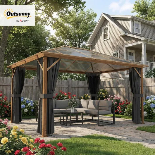 Tonnelle de Jardin 3x4m Aspect Bois avec Toit Rigide en Polycarbonate UV50+ - Pavillon Extérieur Aluminium Imperméable avec Moustiquaire et Rideaux - Gazebo de Luxe pour Terrasse, Naturel