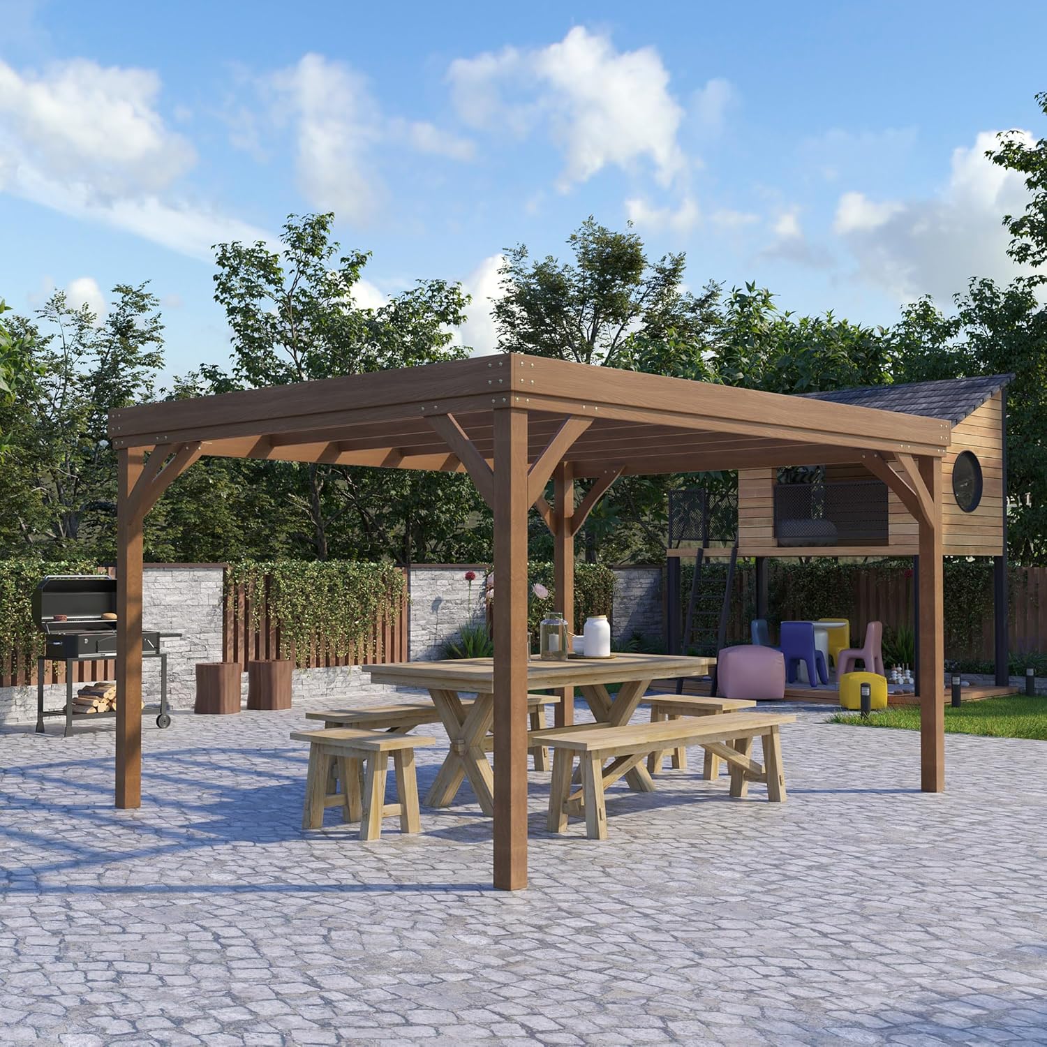 Pergola 4 x 3 m en Bois, pergola Jardin extérieure, Traditionnelle autoportante Toit terrasse à décorer, avec 4 Pieds, Marron