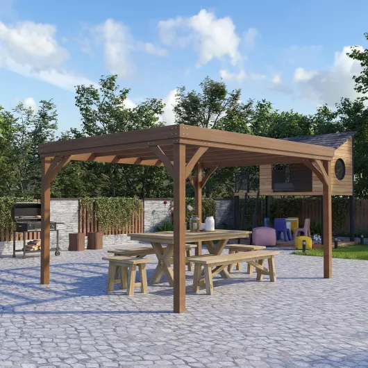 Pergola 4 x 3 m en Bois, pergola Jardin extérieure, Traditionnelle autoportante Toit terrasse à décorer, avec 4 Pieds, Marron