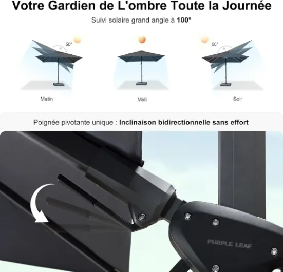 Parasol Déporté 2,5 x 3,5 m Rectangulaire avec Pied de Croix, Parasol de Jardin Extérieur en Aluminium Toile 240g/m² Anti-UV avec Inclinable Bilatéral et Rotation à 360°, Gris Gris 2,5 X 3,5 m Inclinable