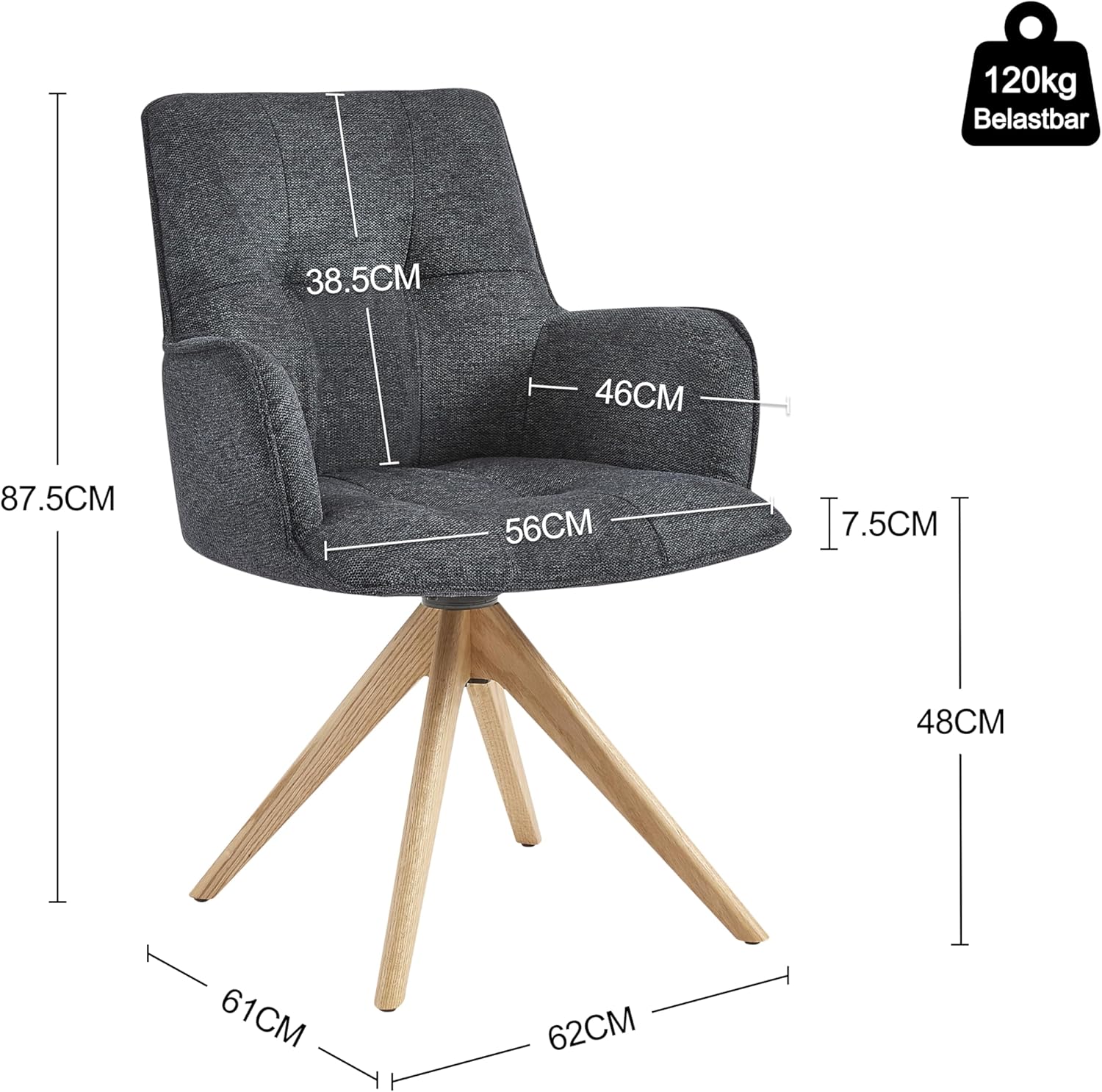 Chaise de Salle à Manger (Velours à Grains), Fauteuil Moderne (Pieds en chêne), Chaise de Bureau pivotante sans roulettes pour Usage Domestique (360°), Cuisine,Salon,Gris foncé Lot de 1 Gris Foncé