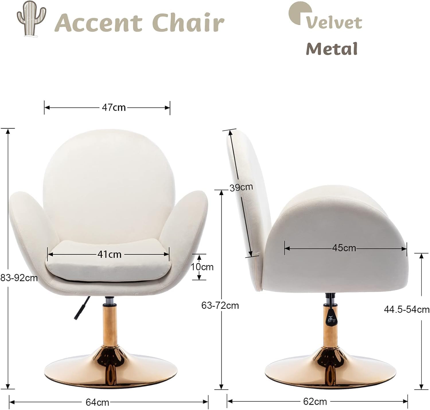 Fauteuil Pivotant à 360° pour Chambre Moderne Fauteuil Coiffeuse Confortable en Velours Chaise Rembourré Réglable en Hauteur avec Base en Métal, Beige