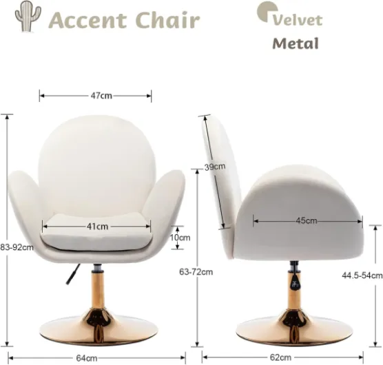 Fauteuil Pivotant à 360° pour Chambre Moderne Fauteuil Coiffeuse Confortable en Velours Chaise Rembourré Réglable en Hauteur avec Base en Métal, Beige