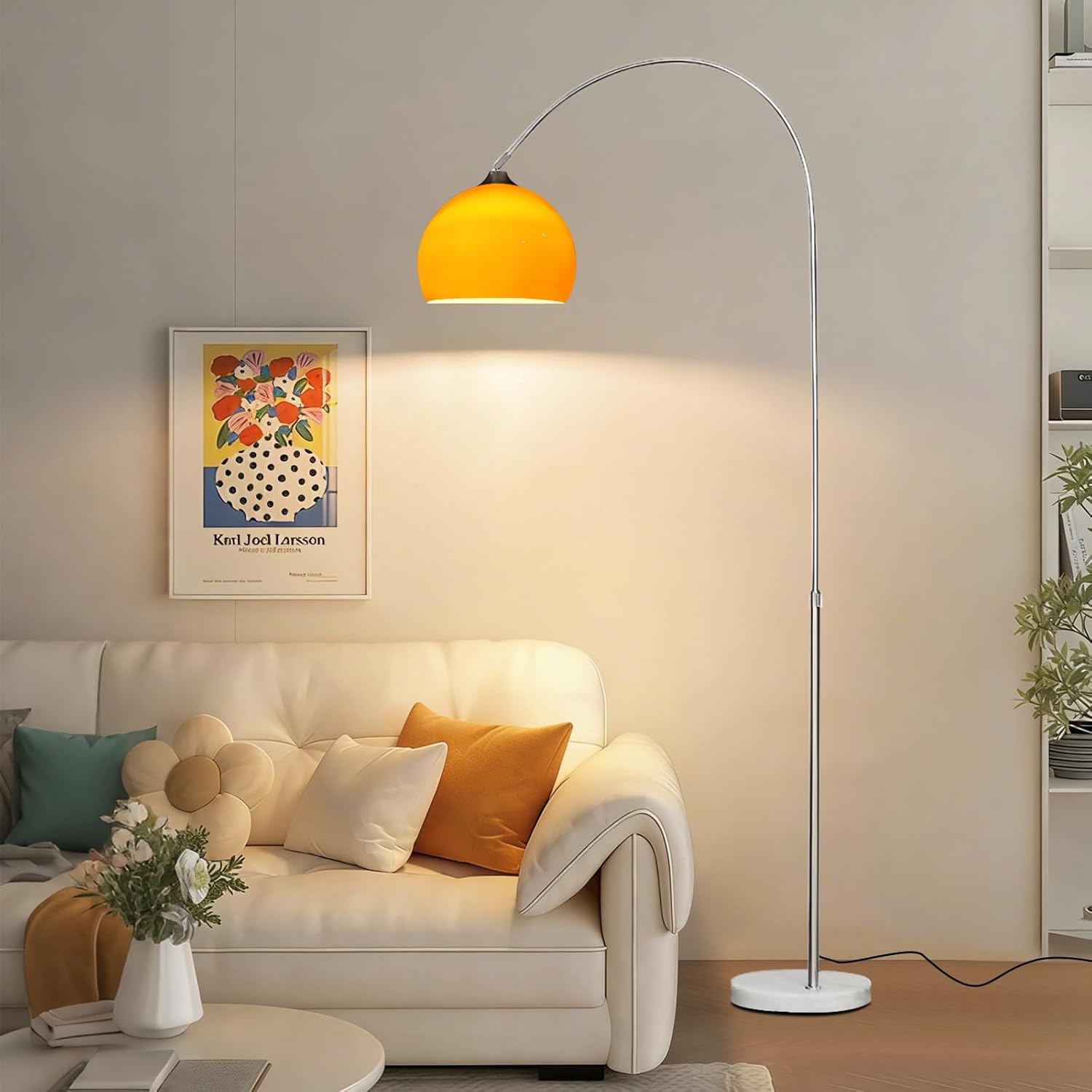 Lampadaire Arc Style Mid Century Orange, Hauteur Réglable, Abat-jour Globe En Acrylique, Douille E27, Intensité Variable, Base En Marbre, Idéal Pour Le Salon Ou La Chambre (Ampoule Incluse) Orange Acrylic