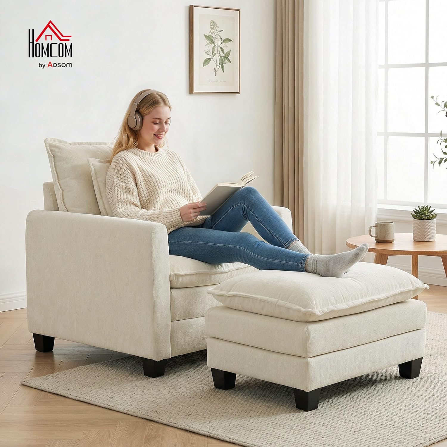 Fauteuil Salon avec Repose-Pied, canapé 1 Place en Chenille, Assise Large, Rembourrage Double Couche, Coussin à Ressorts, Oreiller, Fauteuil de Lecture Moderne pour Chambre, Appartement, crème