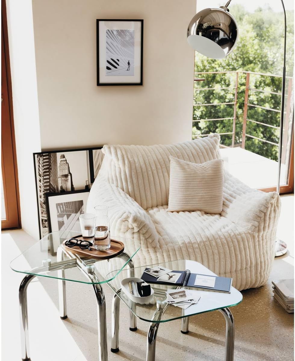 Atmosphera - Fauteuil XL Muzi en Velours Côtelé Blanc - Gros Pouf Compressé Moderne Ultra-Confort Moelleux - Assise XXL Cosy Cocooning Idéal Salon, Chambre et Coin Lecture