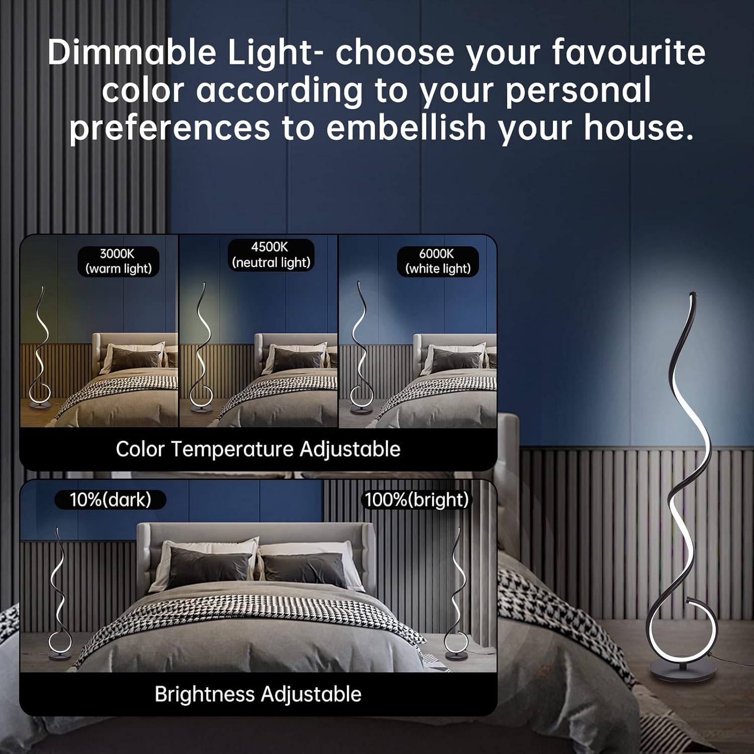 Lampadaire sur Pied LED Dimmable 48W Moderne Lampadaire Salon 3000K-6000K 3 Température de Couleur Lampe Chambre Bureau Noir