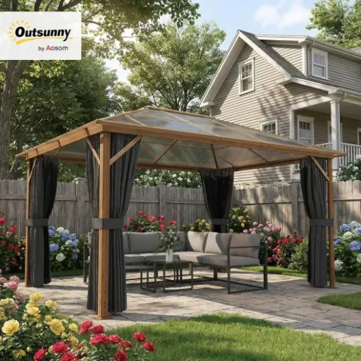 Test Outsunny Tonnelle 3x4m aspect bois : une vraie pièce fixe pour la terrasse, mais pas sans galères