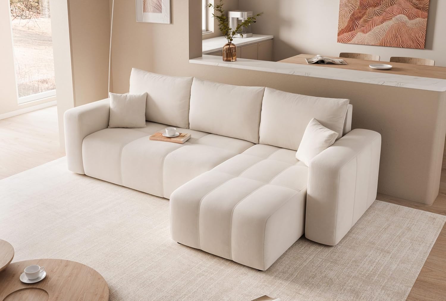 Canapé d'angle Convertible 145x248 à Gauche ou à Droite - Canapé 3 Places Convertible Beige avec Espace de Rangement Manila 01 Beige
