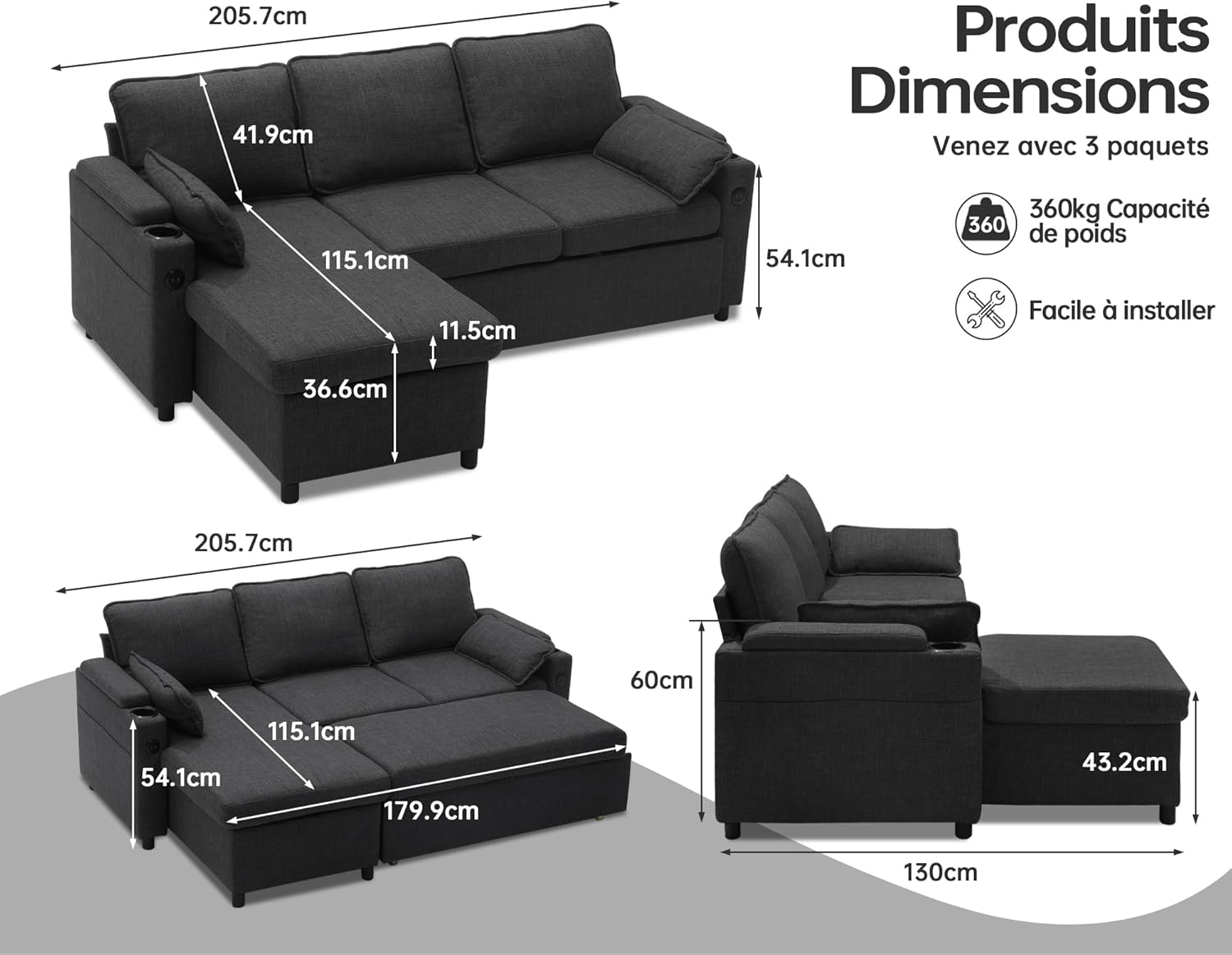 DURASPACE Canapé d'angle Convertible, Canapé Lit 3 Places en L avec Chaise Réversible, Canapé avec Rangement, Port USB et Porte-gobelet Gris FORME EN L
