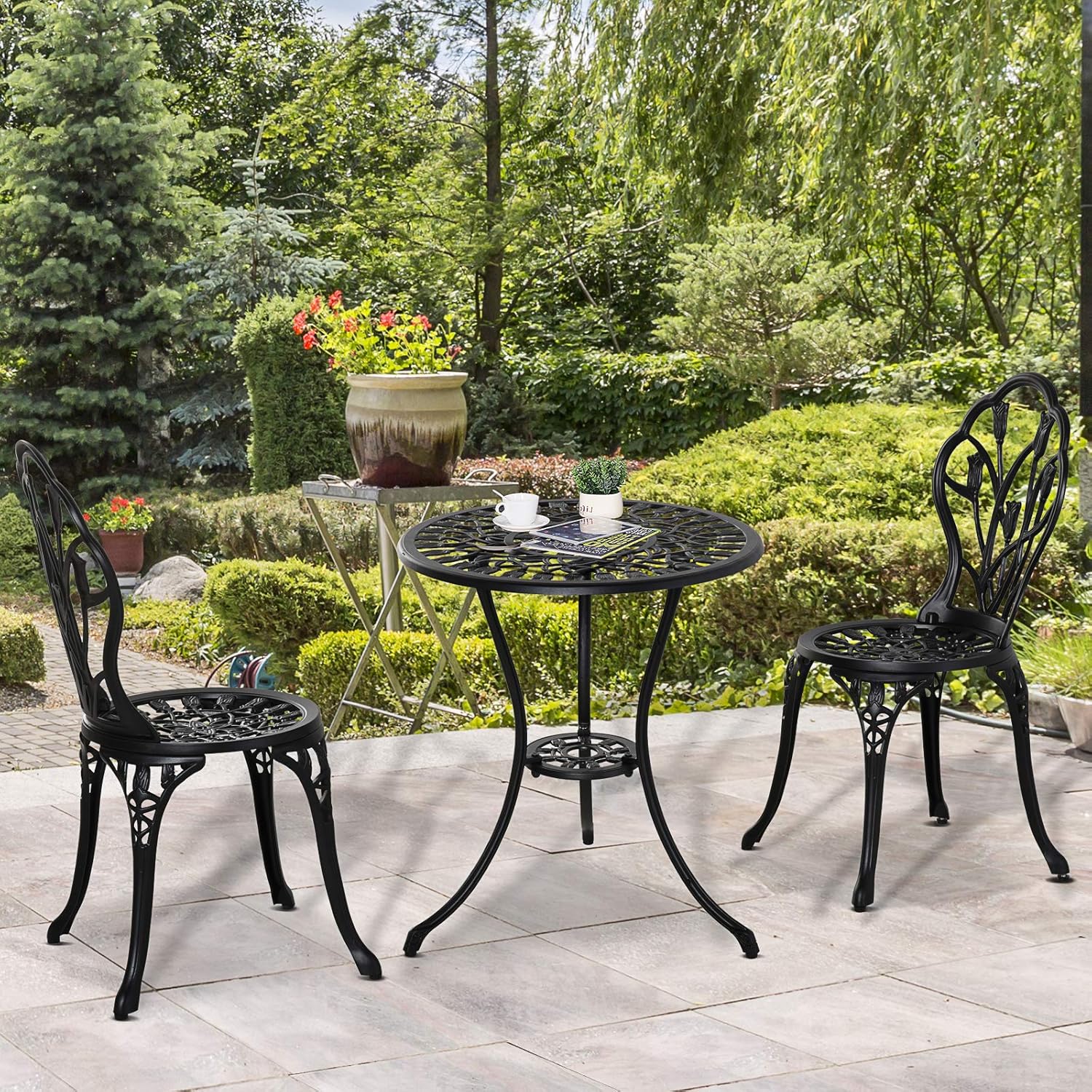 Ensemble Salon de Jardin 2 Places 2 chaises + Table Ronde Fonte d'aluminium Imitation Fer forgé Noir