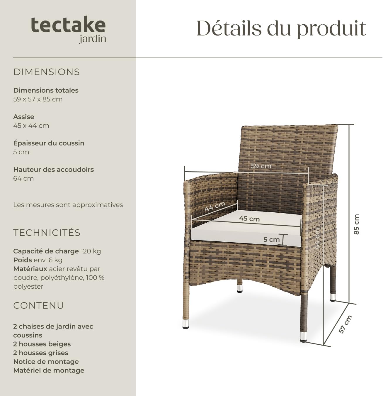 ® Ensemble de 2 Fauteuils Confortables avec Accoudoirs pour Salon de Jardin Exterieur ou Intérieur en Poly Rotin, 2 Sets de Housses & Coussins Inclus, Mobilier de Jardin Marron Naturel/Gris Foncé