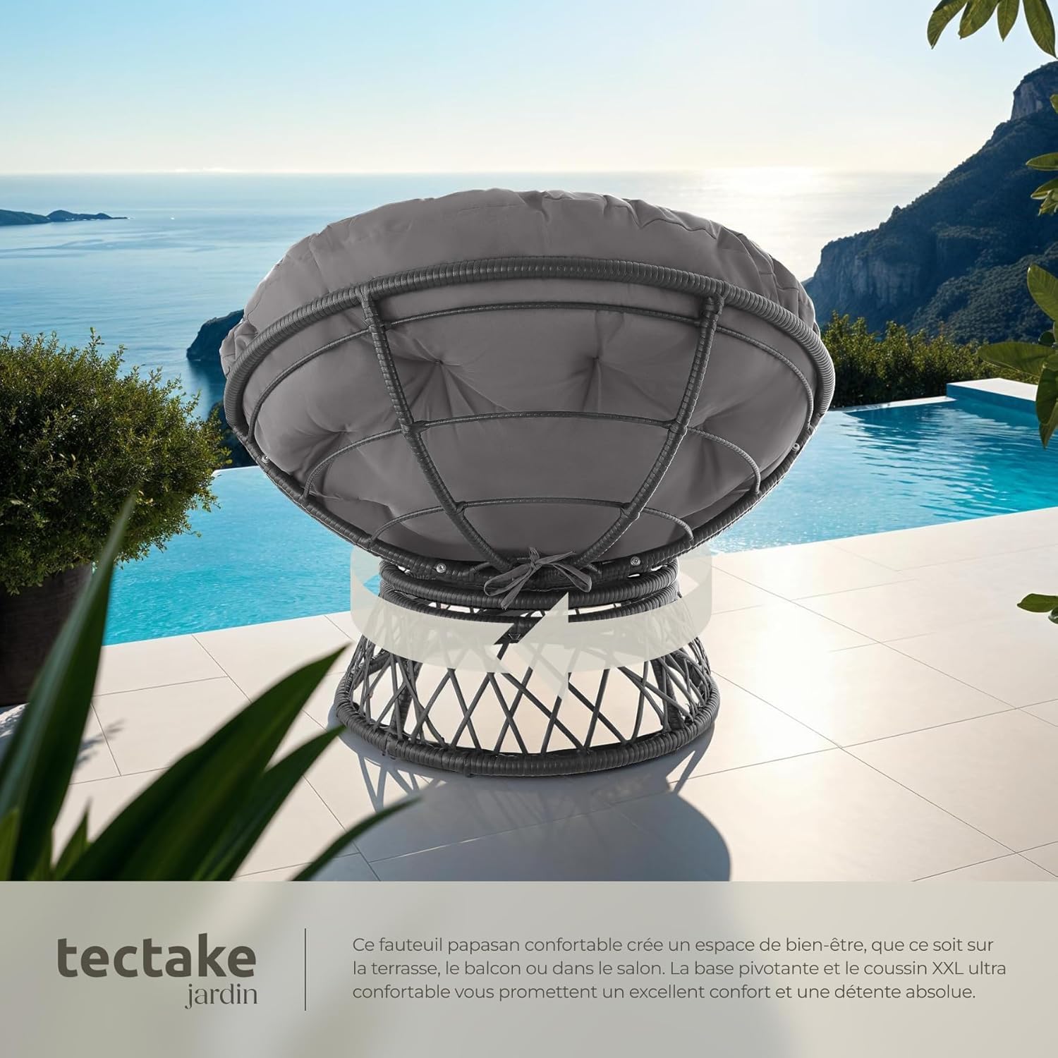 ® Fauteuil Papasan en Rotin Chaise Relax Ronde Résine Tressée 1 Place Pivotant à 360°, Coussin Épais Grand Confort Inclus, Mobilier de Jardin pour Amenagement Balcon Terrasse Salon de Jardin Noir
