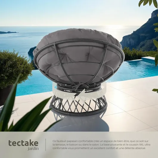® Fauteuil Papasan en Rotin Chaise Relax Ronde Résine Tressée 1 Place Pivotant à 360°, Coussin Épais Grand Confort Inclus, Mobilier de Jardin pour Amenagement Balcon Terrasse Salon de Jardin Noir