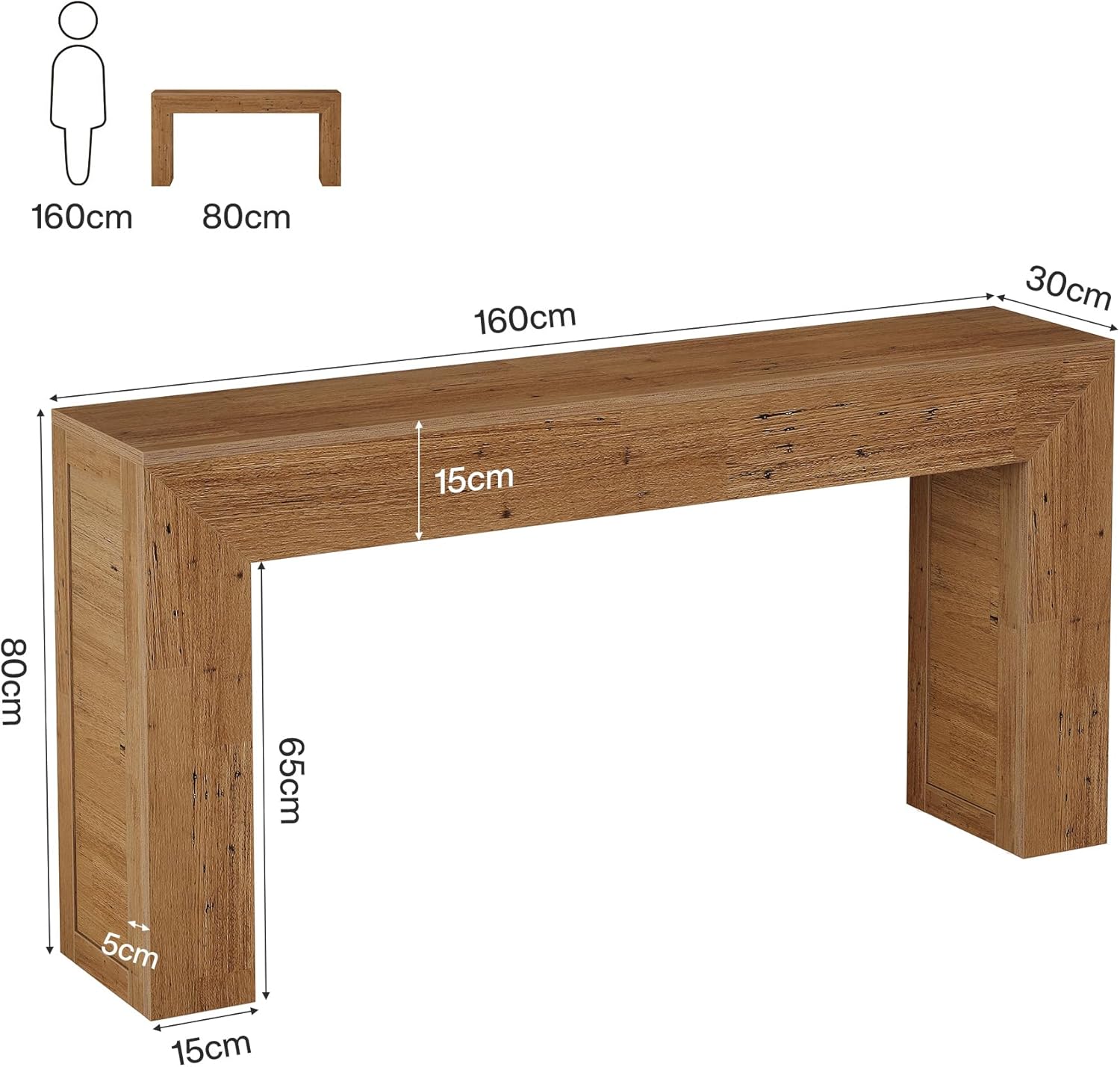 Table console étroite 160 cm, table de couloir en bois derrière le canapé, table d'entrée industrielle pour entrée, couloir, foyer, salon, bruine de lumière