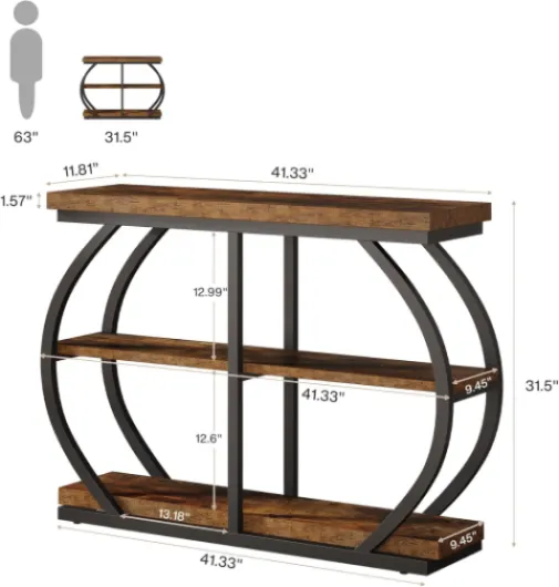 Table console industrielle à 3 niveaux avec cadre en métal arqué et étagères de rangement pour salon, couloir, marron rustique de 104,9 cm
