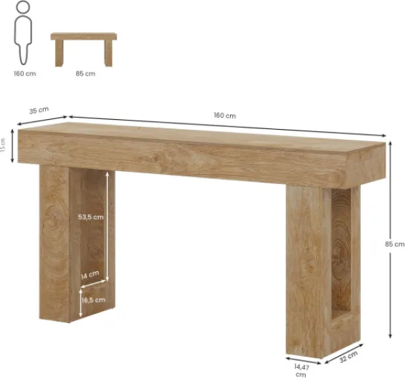 Table Console 160 Cm Derrière Canapé, Table Console Étroit Rectangulaire en Bois, Style Rustique pour Entrée Couloir Salon Salle À Manger, Finition Naturelle (Naturel)