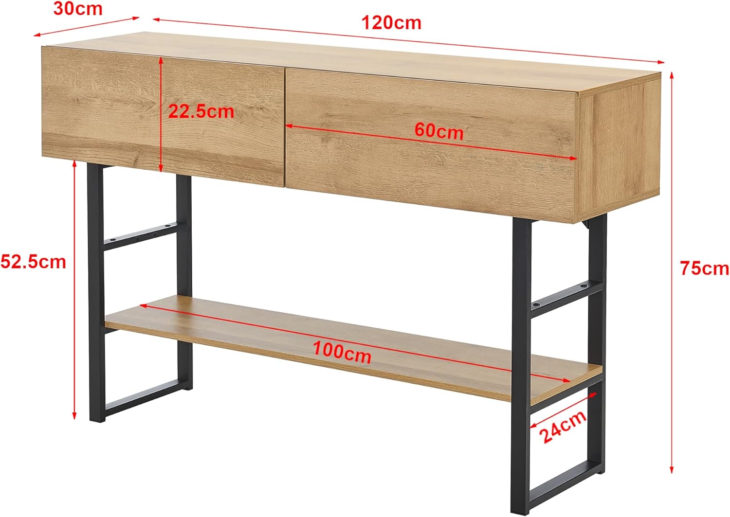 [en.casa] Table Console /d'Appoint Rectangulaire Design Industriel pour Salon Entrée Couloir avec 2 Tiroirs et Surface de Rangement Métal Panneau de Particules 75 x 120 x 30 cm Noir Effet Chêne Noir/Effet Chêne