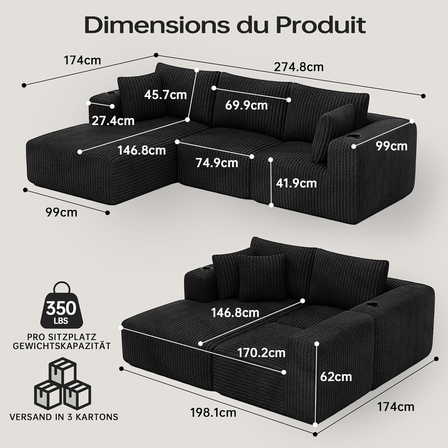 DURASPACE Canapé Sectionnel Modulaire, Divan Désossé avec Siège Profond, Porte-gobelet, Mousse à Mémoire de Forme, Canapé en Forme de L en Velours Côtelé pour Le Salon (Chaise Face à Gauche)