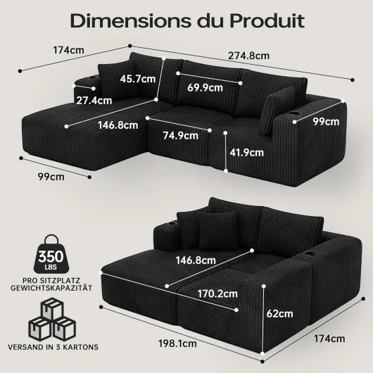 DURASPACE Canapé Sectionnel Modulaire, Divan Désossé avec Siège Profond, Porte-gobelet, Mousse à Mémoire de Forme, Canapé en Forme de L en Velours Côtelé pour Le Salon (Chaise Face à Gauche)