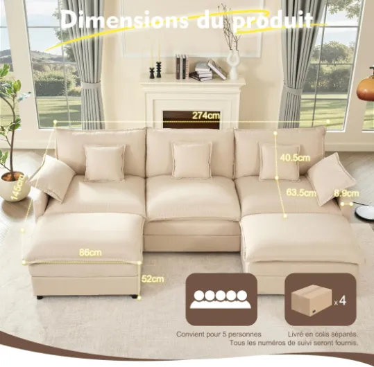 Canapé d’Angle Modulable en U 274 cm – 3 Places avec Repose-Pieds Amovible – Canapé Profond pour Salon, Meuble de Salon Moderne (Beige)
