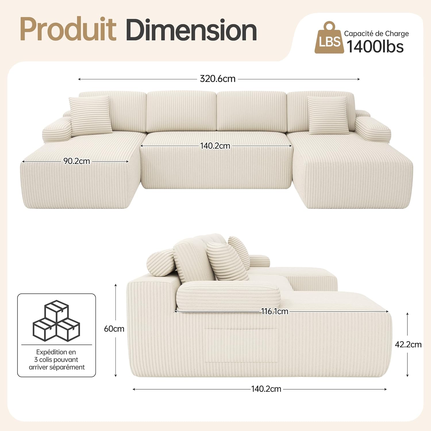 DURASPACE Canapé Modulable en U Compressé pour Salon, Canapés Modulaires en Velours Côtelé avec Assise Profonde, Canape Surdimensionné en Mousse à Mémoire de Forme, Aucun Assemblage Requis (Beige)