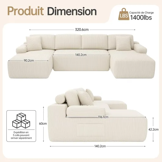 DURASPACE Canapé Modulable en U Compressé pour Salon, Canapés Modulaires en Velours Côtelé avec Assise Profonde, Canape Surdimensionné en Mousse à Mémoire de Forme, Aucun Assemblage Requis (Beige)